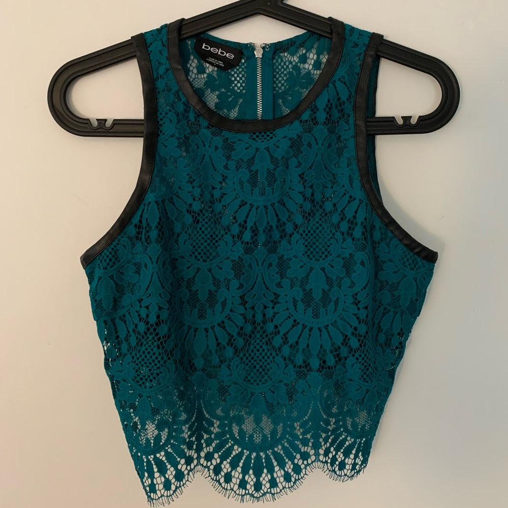 Bebe Lace and Leather Crop Top Lined Bralette Zip Back Size 4